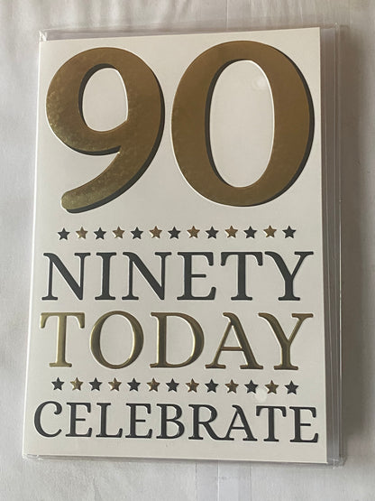 Mens Male Age 90 90th Ninety Ninetieth 90 Ninety Today Celebrate Birthday Card Gold/Black Words/Stars Foil Detail(PH44443E)