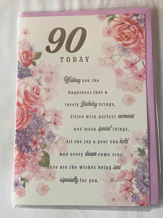 Ladies/Female Age 90 90th Ninety Ninetieth 90 Today Birthday Card Pink/Purple Flowers/Silver Words Glitter/Foil Detail(PH47333A)