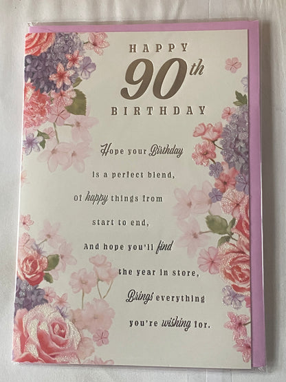 Ladies/Female Age 90 90th Ninety Ninetieth Happy 90th Birthday Card Pink/Purple Flowers/Silver Words Glitter/Foil Detail(PH47333E)