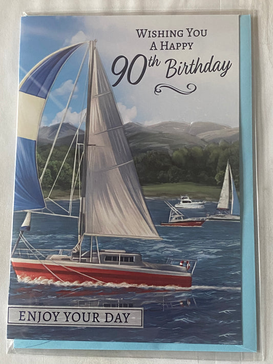 Mens Male Age 90 90th Ninety Ninetieth Wishing You A Happy 90th Birthday Enjoy Your Day Birthday Card White/Red/Blue Yacht Foil Detail(PH48396A)