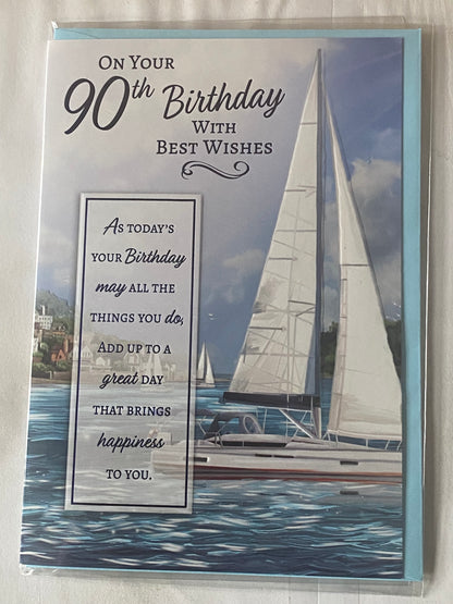 Mens Male Age 90 90th Ninety Ninetieth On Your 90th Birthday With Best Wishes Birthday Card White/Blue Yacht Foil Detail(PH48396E)