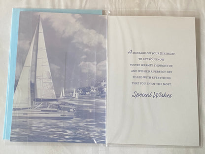 Mens Male Age 90 90th Ninety Ninetieth On Your 90th Birthday With Best Wishes Birthday Card White/Blue Yacht Foil Detail(PH48396E)