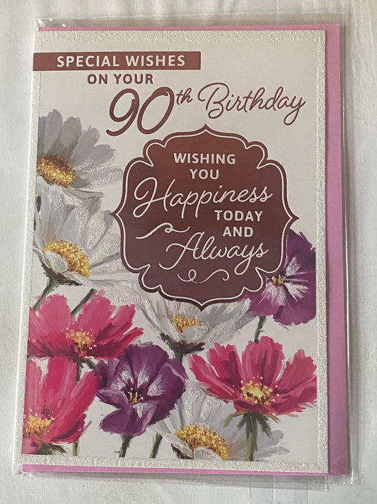 Ladies/Female Age 90 90th Ninety Ninetieth Special Wishes On Your 90th Birthday Card Multi Flowers/Words Glitter/Foil Detail(PH48382E)