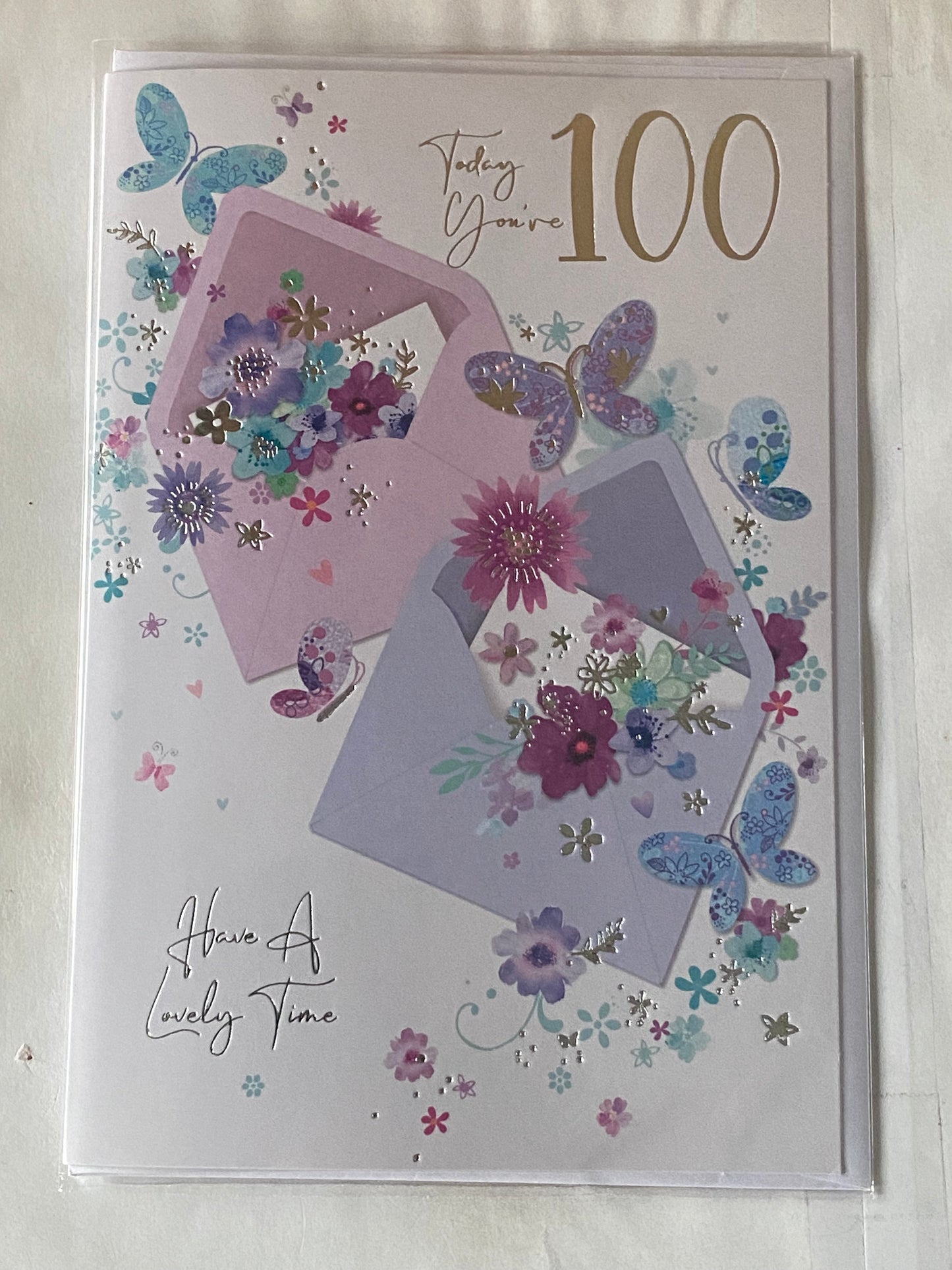 Ladies Female Age 100 100th One Hundred One Hundredth Today You're 100 Have A Lovely Time Birthday Card Purple/Pink Envelopes/Butterflies/Flowers Foil Detail(SE29337)