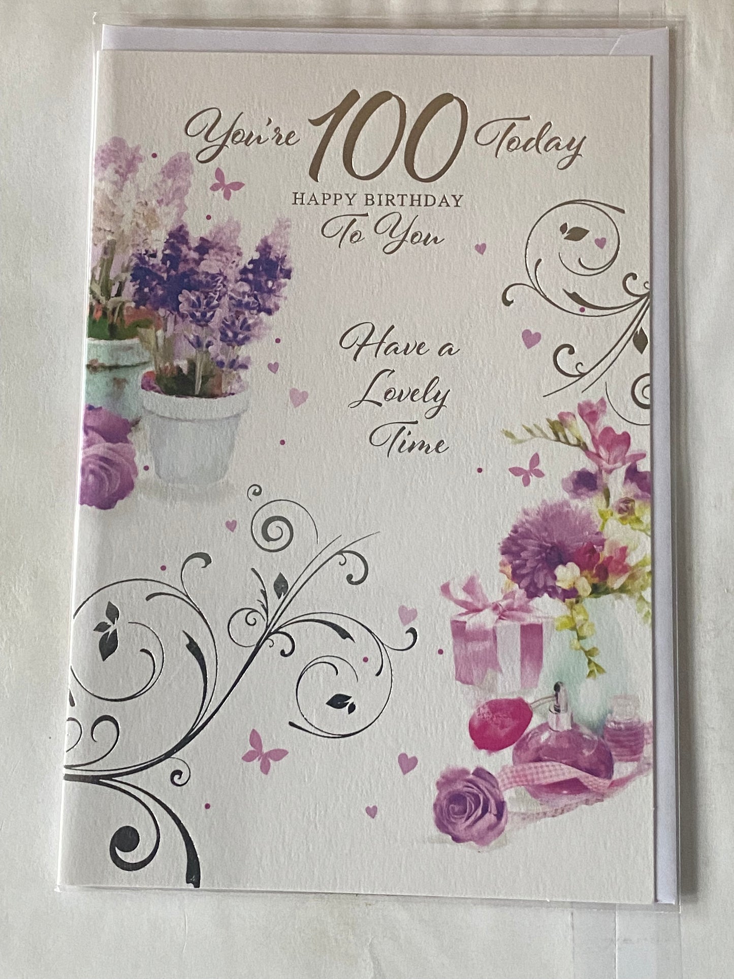 Ladies Female Age 100 100th One Hundred One Hundredth You're 100 Today Happy Birthday To You Have A Lovely Time Birthday Card Purple Flowers/Gifts/Silver Words Foil Detail(SE29404)