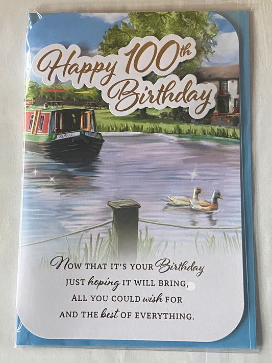 Mens Male 100th Age 100 One Hundred Happy 100th Birthday Card Water Scene/Barge 3D/Foil Detail(PRELUDE45519)