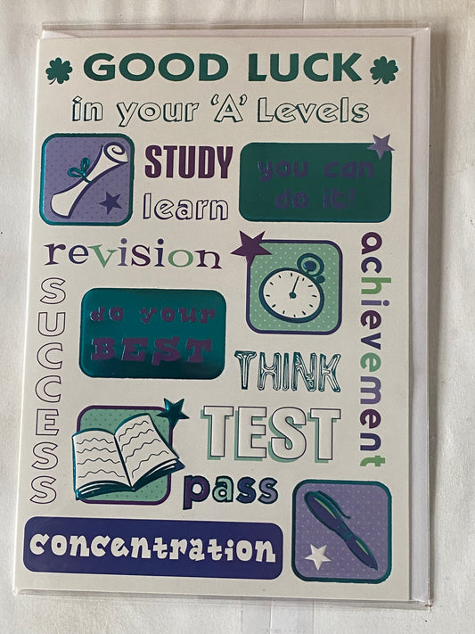 Good Luck In Your A-Levels Card A Level Exams Exam White/Green/Purple Words/Pictures Foil Detail(PH32180E)