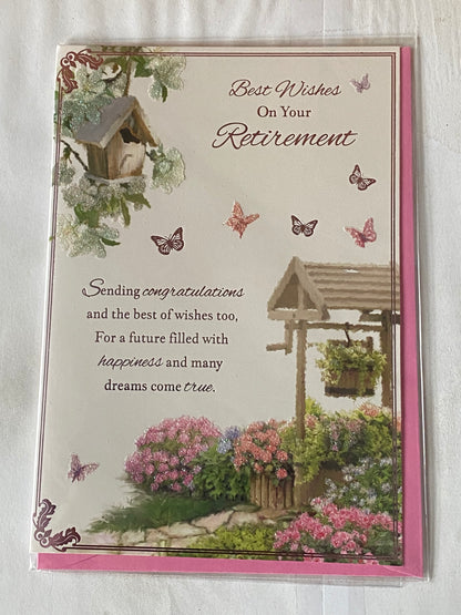 Best Wishes On Your Retirement Card Retire Wishing Well/Flowers/Butterflies/Words Glitter/Foil Detail(PH41041A)