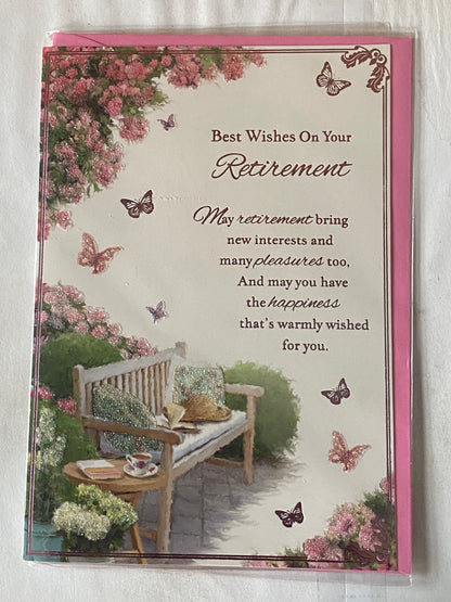 Best Wishes On Your Retirement Card Retire Garden Bench/Flowers/Butterflies/Words Glitter/Foil Detail(PH41041E)