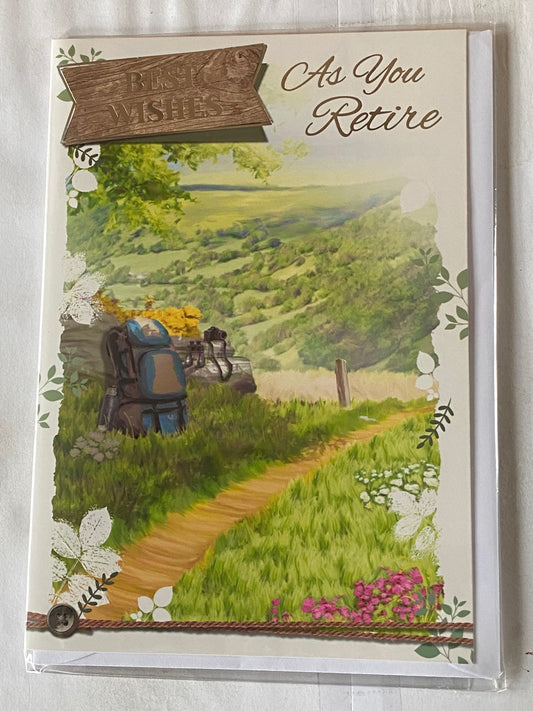 Best Wishes As You Retire Retirement Card Countryside/Blue Backpack Foil Detail(PH42329A)