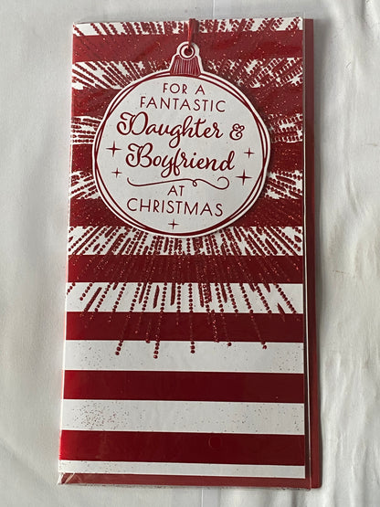 For A Fantastic Daughter & Boyfriend At Christmas Card Red/White Stripes/Baubles(PRELUDE44990)