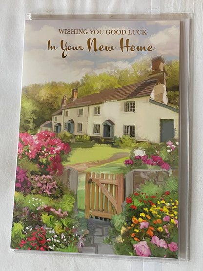 Wishing You Good Luck In Your New Home Card Congratulations Houses/Flower Garden/Wooden Gate Foil Detail(NC-VA111E)