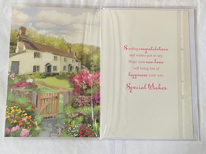 Wishing You Good Luck In Your New Home Card Congratulations Houses/Flower Garden/Wooden Gate Foil Detail(NC-VA111E)