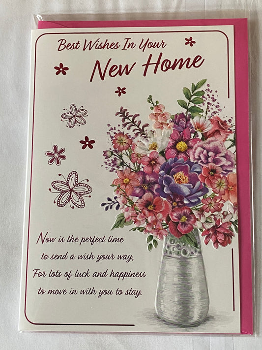 Best Wishes In Your New Home Card New House Multi Flowers/Silver Vase/Pink Words Foil Detail(PH47335A)