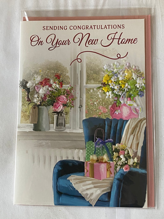 Sending Congratulations In Your New Home Card Good Luck New House Blue Chair/Flowers/Window Foil Detail(NC-VA184A)