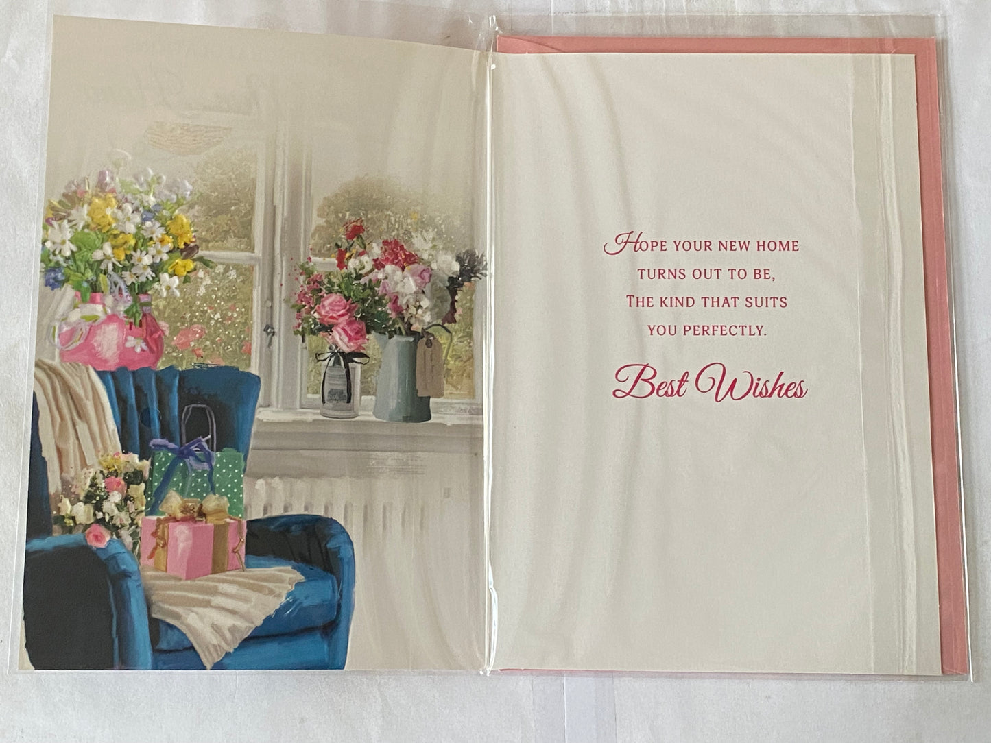 Sending Congratulations In Your New Home Card Good Luck New House Blue Chair/Flowers/Window Foil Detail(NC-VA184A)