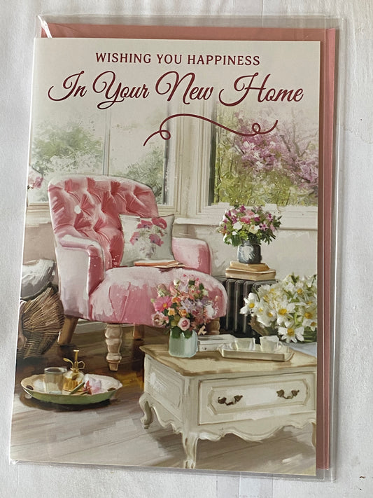 Wishing You Happiness In Your New Home Card Good Luck New House Pink Chair/Flowers/Window Foil Detail(NC-VA184E)