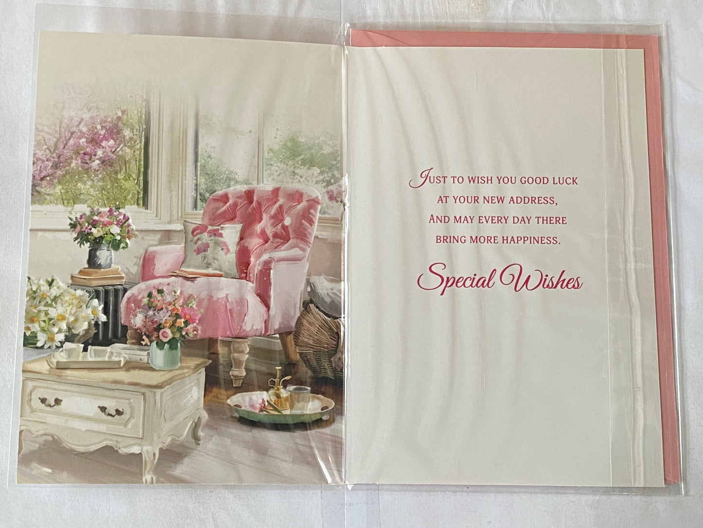 Wishing You Happiness In Your New Home Card Good Luck New House Pink Chair/Flowers/Window Foil Detail(NC-VA184E)