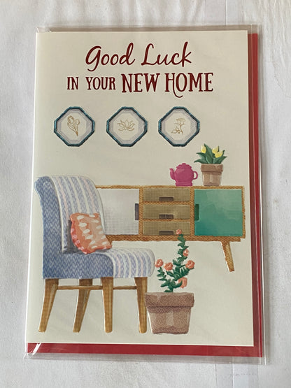 Good Luck In Your New Home Card New House Chair/Sideboard/Pink Teapot Foil Detail(PH43455-1A)