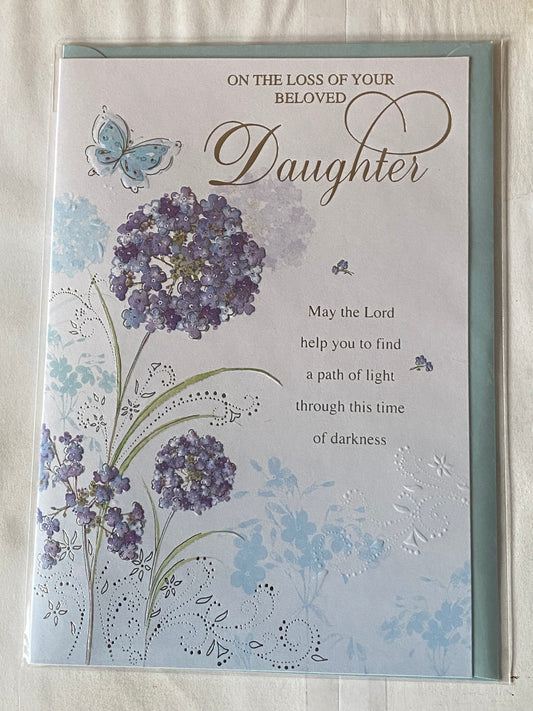 On The Loss Of Your Beloved Daughter Sympathy Card Purple Flowers/Silver Words Foil Detail(S31CE)