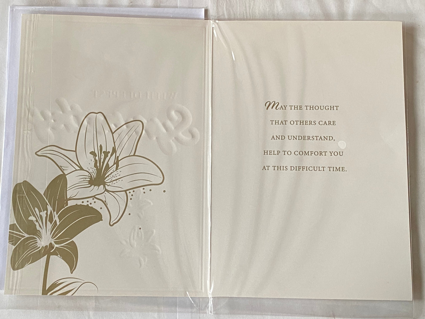 On The Loss of Your Mam With Deepest Sympathy Card Condolence White+Gold Lilies/Gold Words Foil Detail(PH47362A)