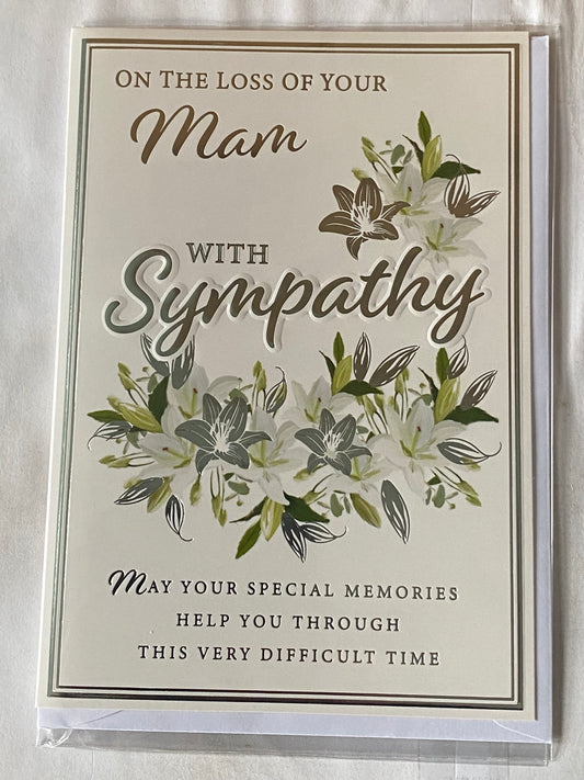 On The Loss of Your Mam With Sympathy Card Condolence White+Silver Lilies/Silver Words Foil Detail(PH47362E)