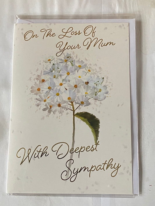 On The Loss Of Your Mum With Deepest Sympathy Condolence Card White Flowers Foil Detail(PH45875E)