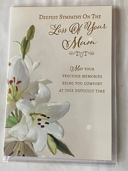 Deepest Sympathy On The Loss of Your Mum Sympathy Card Condolence White Lilies/Gold Words Foil Detail(NC-VA221E)