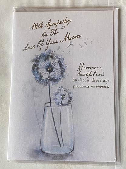 With Sympathy On The Loss Of Your Mum Sympathy Card Condolence White/Blue/Silver Flowers/Words Gems/Foil Detail(PRELUDE42918)