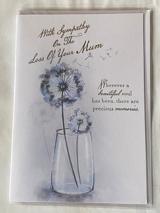 With Sympathy On The Loss Of Your Mum Sympathy Card Condolence White/Blue/Silver Flowers/Words Gems/Foil Detail(PRELUDE42918)