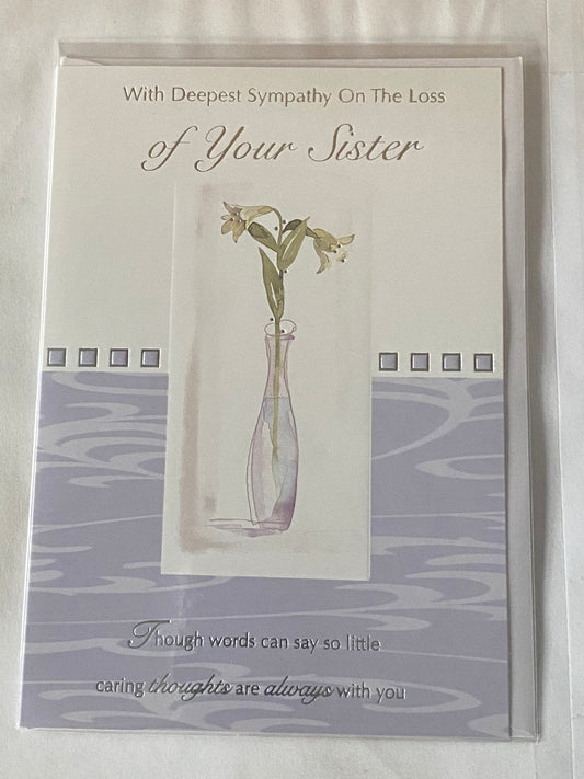 With Deepest Sympathy On The Sad Loss Of Your Sister Sympathy Card Condolence White/Purple/Silver White Flowers/Vase/Words Foil Detail(PH32730A)