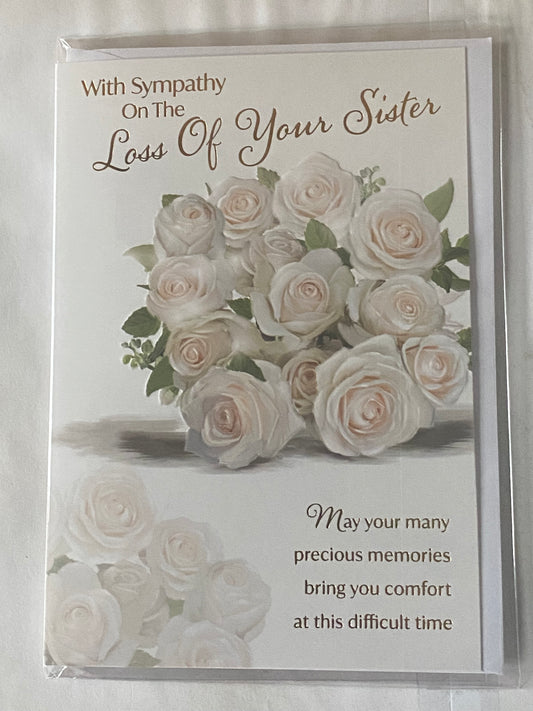 With Sympathy On The Loss of Your Sister Sympathy Card Condolence Bunch White Roses/Gold Words Foil Detail(PH48415E)