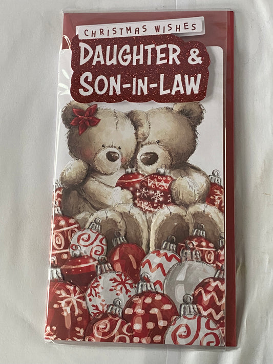 Christmas Wishes Daughter & Son-In-Law Christmas Card Teddies/Red+White Baubles(PRELUDE46098-4)