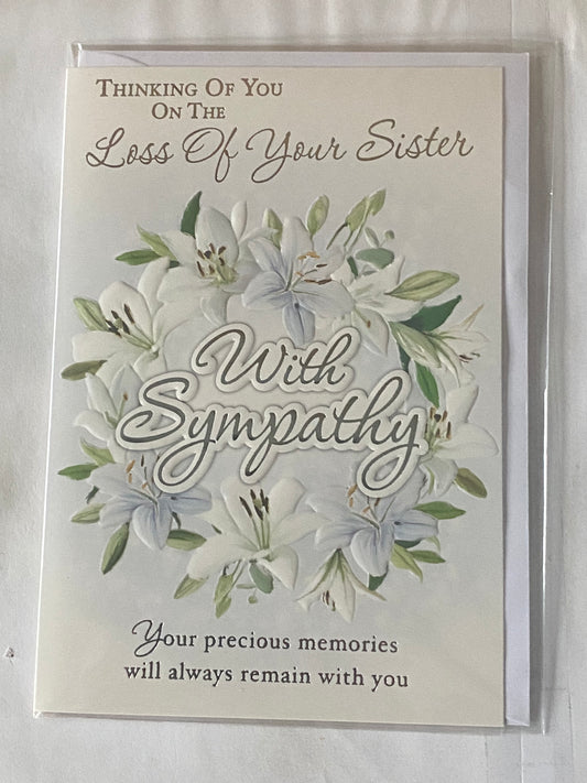 Thinking Of You On The Loss of Your Sister With Sympathy Card Condolence White Lily Wreath/Silver Words Foil Detail(PH49501A)