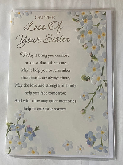 On The Loss of Your Sister Sympathy Card Condolence White/Yellow/Blue Flowers/Silver Words Foil Detail(PH49501E)