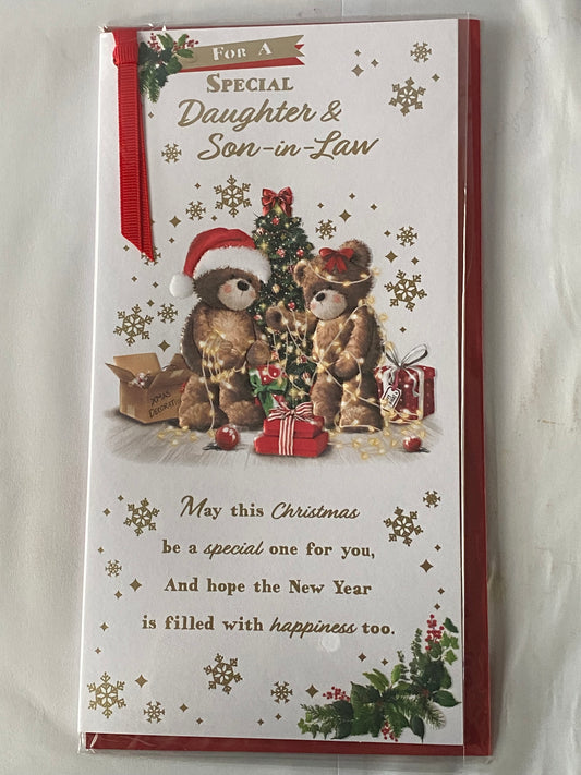 For A Special Daughter & Son-In-Law Christmas Card Teddies/Christmas Tree Lights/Gold Words(PRELUDE46885)