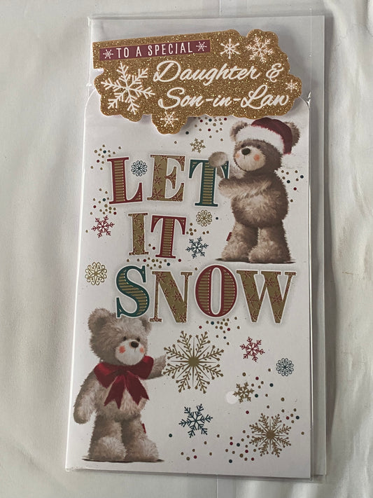 To A Special Daughter & Son-in-Law Let It Snow Christmas Card Teddies/Gold/Red/Green Words(PRELUDE46804-4)