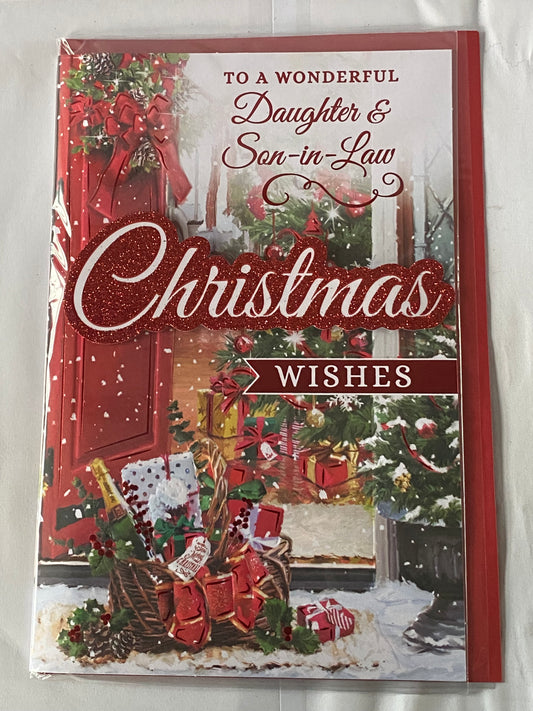 To A Wonderful Daughter & Son-in-Law Christmas Wishes Christmas Card Red Door/Christmas Basket(PRELUDE46902)