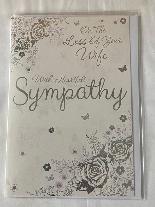 On The Loss of Your Wife With Heartfelt Sympathy Card Condolence White/Silver/Purple Roses/Words Foil Detail(PH42361E)