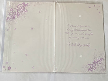 On The Loss of Your Wife With Heartfelt Sympathy Card Condolence White/Silver/Purple Roses/Words Foil Detail(PH42361E)