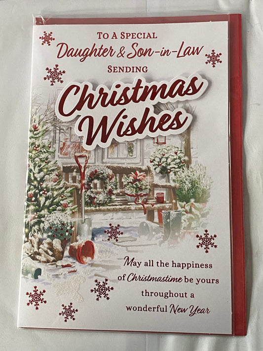 To A Special Daughter & Son-in-Law Sending Christmas Wishes Christmas Card Winter Garden Bench/Red Words(PRELUDE46987)