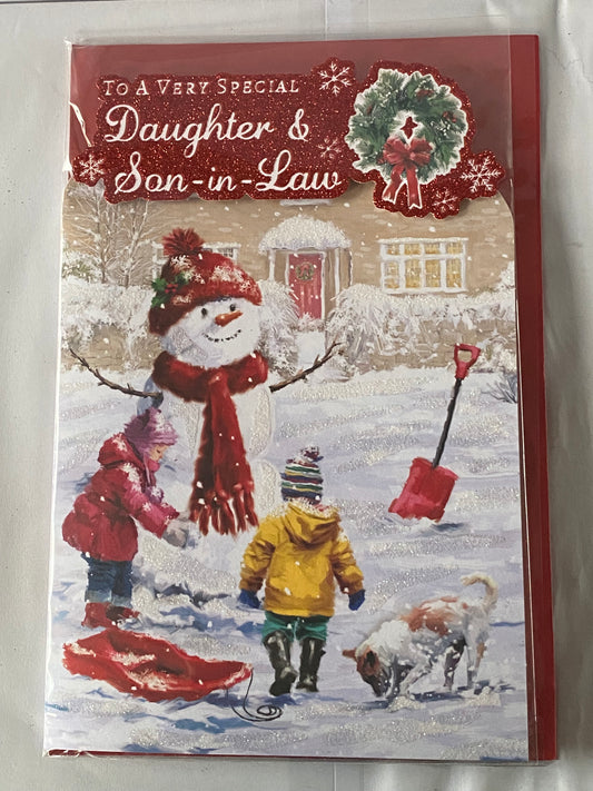 To A Very Special Daughter & Son-in-Law Christmas Card Winter Scene/Snowman/Children/Dog/Red Sledge(PRELUDE46835-2)