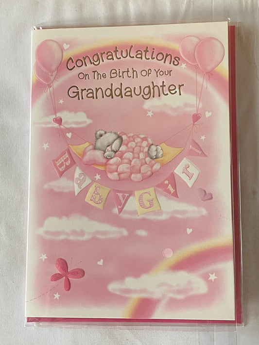 Congratulations On The Birth of Your Granddaughter New Baby Girl Born Card To The Grandparents White+Pink Teddy/Hammock/Clouds Foil Detail(NC-VA100E)