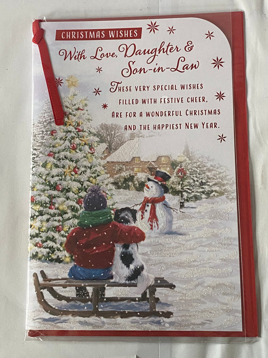 Christmas Wishes With Love Daughter & Son-in-Law Christmas Card Winter Scene/Snowman/Child+Dog Sat On Sledge/Red Words(PRELUDE46900)