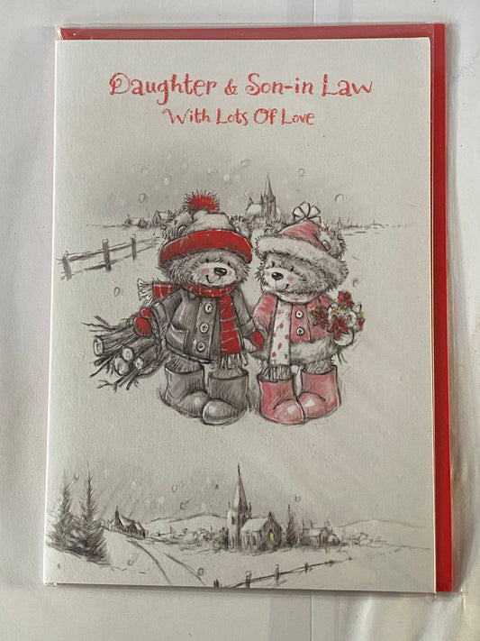 Daughter & Son-In-Law With Lots Of Love Christmas Card Teddies Walking(HAX864B)