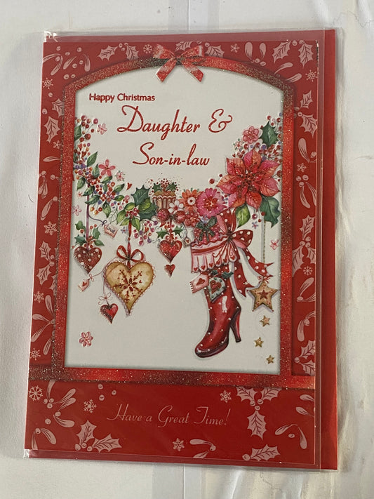 Happy Christmas Daughter & Son-In-Law Christmas Card Red/White-Garland/Boot(SXC50-1012B)