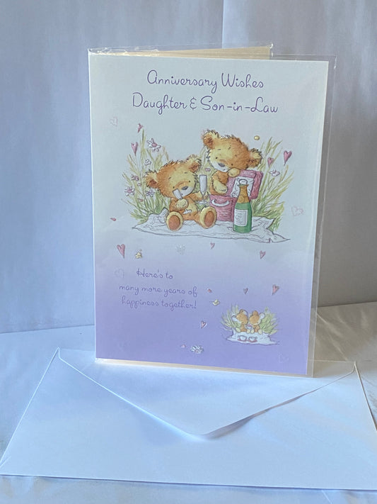 Anniversary Wishes Daughter & Son-In-Law On Your Wedding Anniversary Card Cream/Purple-Teddies/Champagne Picnic Glitter Detail(HSI200B)