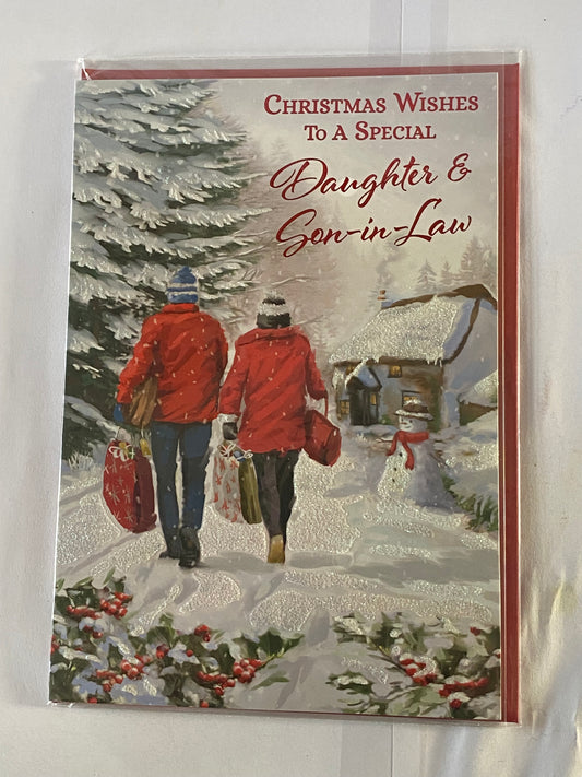 Christmas Wishes To A Special Daughter & Son-In-Law Christmas Card Couple Carrying Bags/Snowman(NC-VX010B)