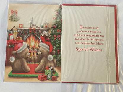 To A Special Daughter & Son-In-Law At Christmas Card Teddies Sat On Red+Green Rug/Fireplace(NC-VX030B)