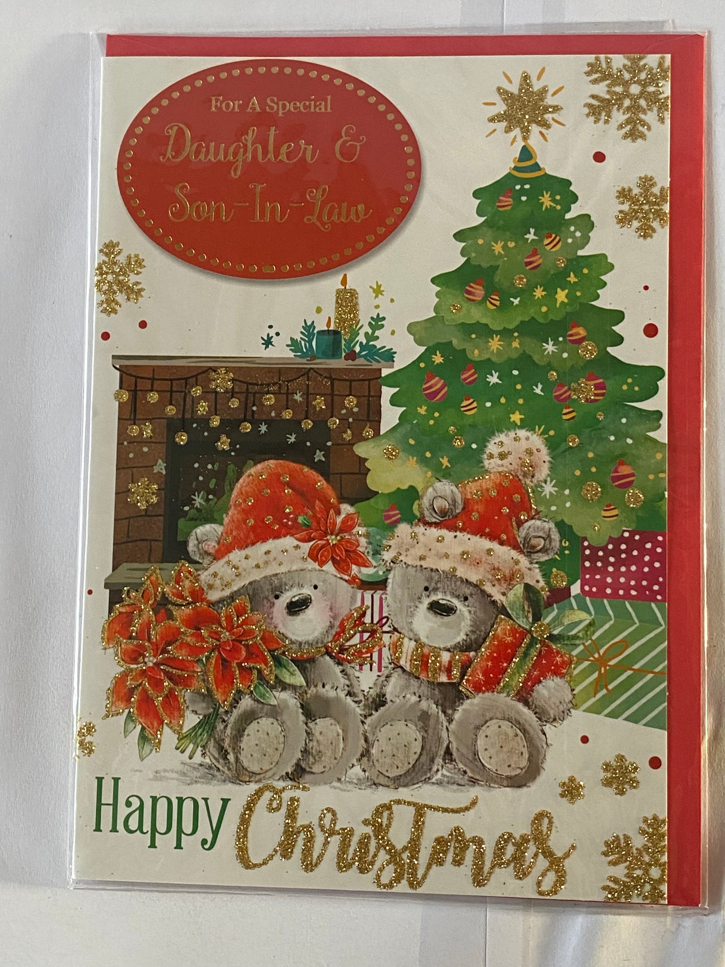 For A Special Daughter & Son-In-Law Christmas Card Teddies/Red Flowers/Fireplace/Tree(SLX5029B)